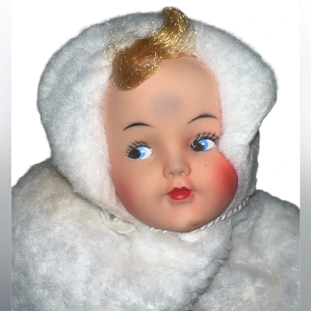 Vintage 1950s Vintage Rubber Face Doll Plush Muff Hand Warmer